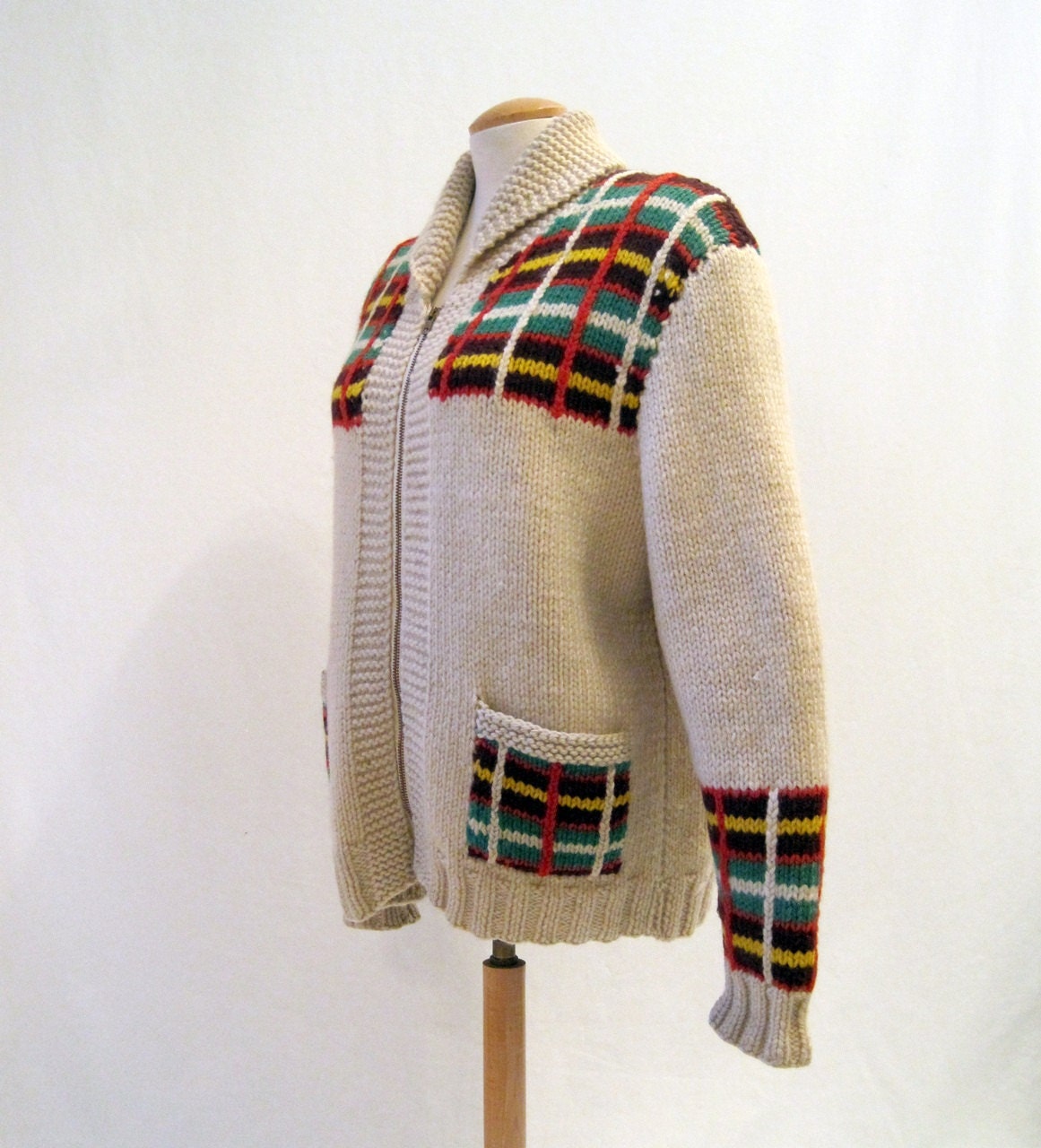 Vintage Sweater Cowichan Style Wool Plaid Curling Mary Maxim Graph Jacket M