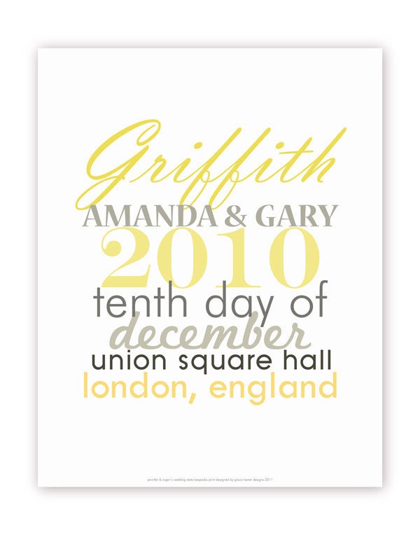 Wedding Poster, Yellow and Grey, 11 X 14, Personalized with Details
