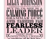 For a Colleague or Boss - Farewell Poster - Typography Describing Traits - 11 X 14, Pink