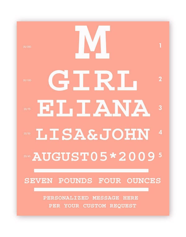 Eye Chart Birth Date Print in Pink, Personalized with Details, 11 X 14
