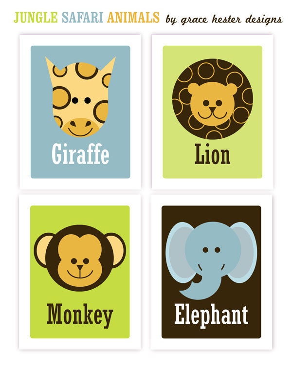 Animals Art Prints, Jungle Safari Series - Monkey, Giraffe, Lion, Elephant, Set of 4, Each 8 X 10