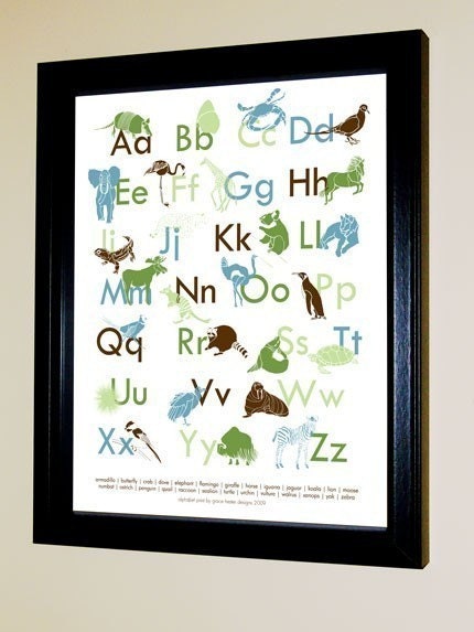 Modern Alphabet Print 11 X 14 Featuring Animal Silhouette Shapes with Names