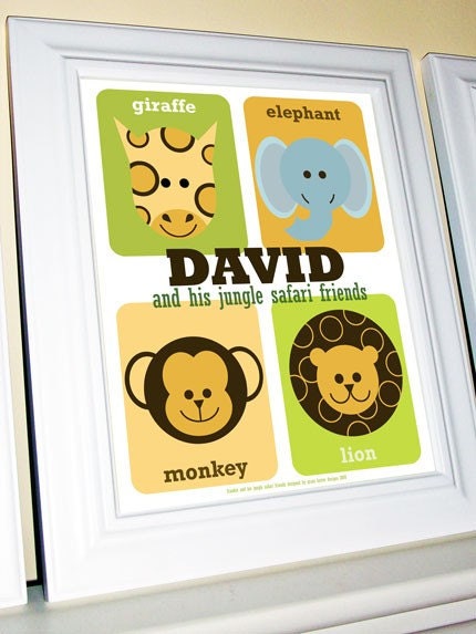 Personalized Jungle Safari Animal Print 11 X 14 Featuring Monkey, Giraffe, Lion, Elephant