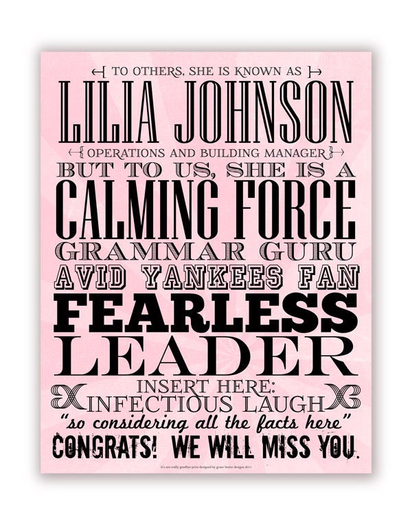 For a Colleague or Boss - Farewell Poster - Typography Describing Traits - 11 X 14, Pink