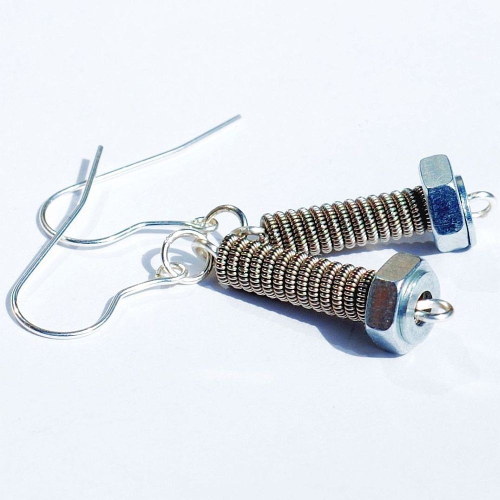 Guitar String Jewelry- Upcycled Silver Hardware Earrings