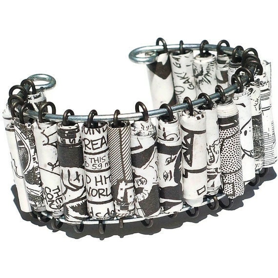 Paper Bead Jewelry- Upcycled Black & White Comic Book Bracelet