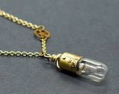 Light Bulb Necklace with Clock Gear- Brass Upcycled Steampunk Jewelry