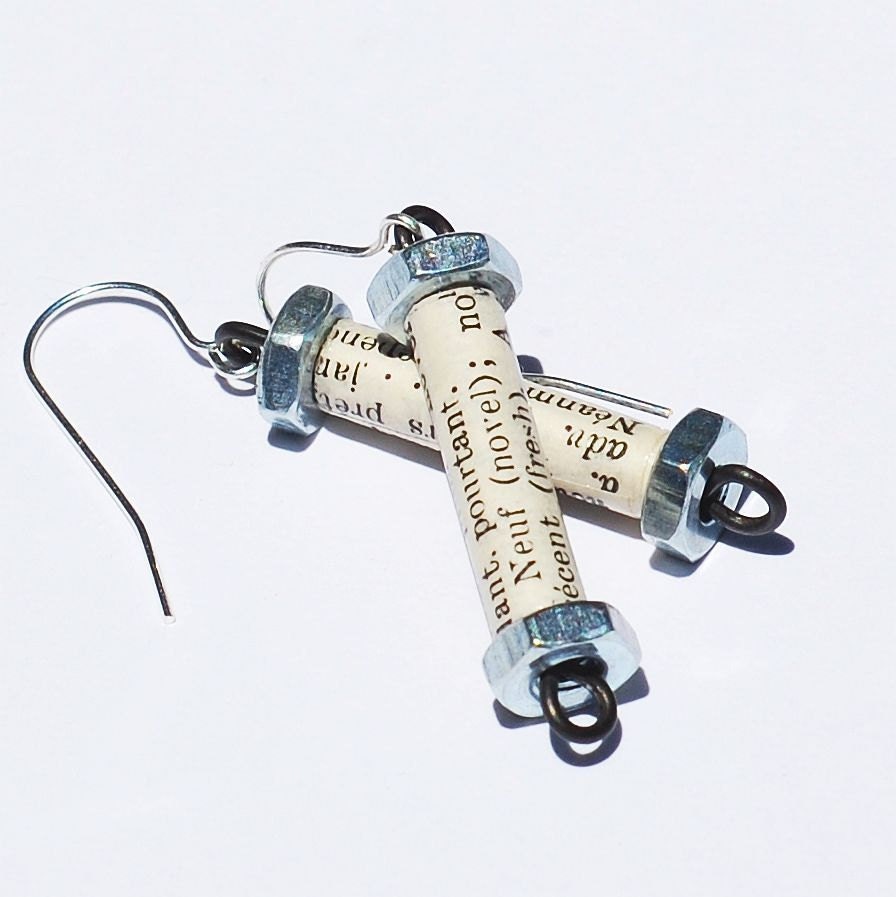 Paper Bead Jewelry- French Dictionary Bead & Silver Hardware Earrings