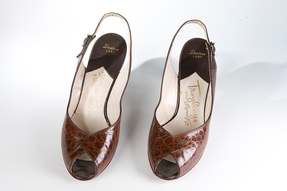 CROCODILE 1950's Troylings sling back  peep toe heels