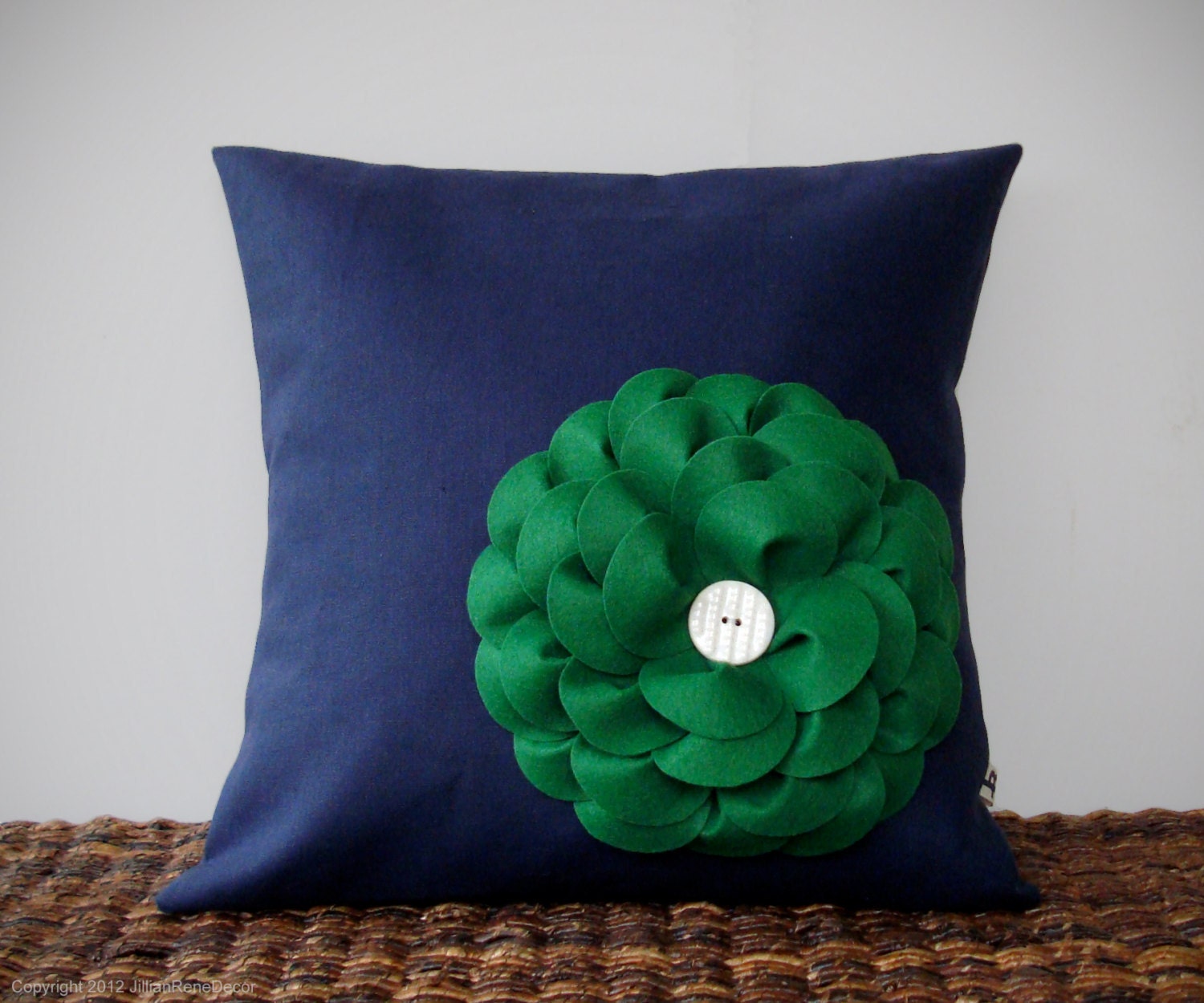 Kelly Green Felt Flower Navy Blue Linen 16" DESIGNER PILLOW COVER Ceramic Button Accent by JillianReneDecor Home Decor