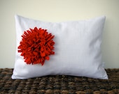Red Felt Flower White Linen 12in x 16in PILLOW COVER by JillianReneDecor Home Decor - Gift for Her - Floral - Mother's Day