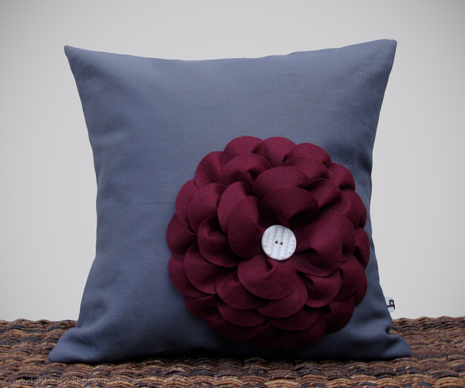 Plum Felt Flower 16" DESIGNER PILLOW COVER Gray Charcoal Linen Cream Ceramic Button by JillianReneDecor Gift for Her Home Decor