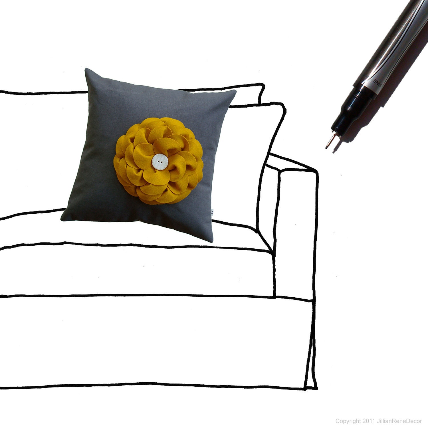 Mustard Yellow Felt Flower PILLOW COVER Charcoal Gray Linen with Cream Ceramic Button by JillianReneDecor Spring Home Decor Gift for Her