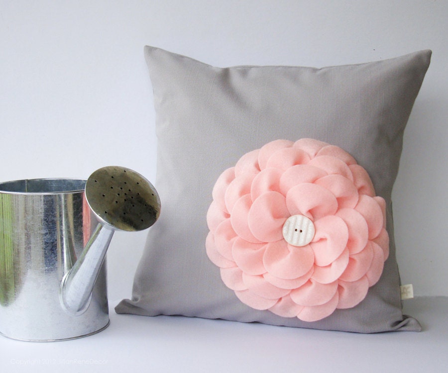 Pastel Pink Felt Flower 16" DECORATIVE PILLOW Gray Linen White Button by JillianReneDecor Nursery Decor Floral Baby Shower Gift Pastel