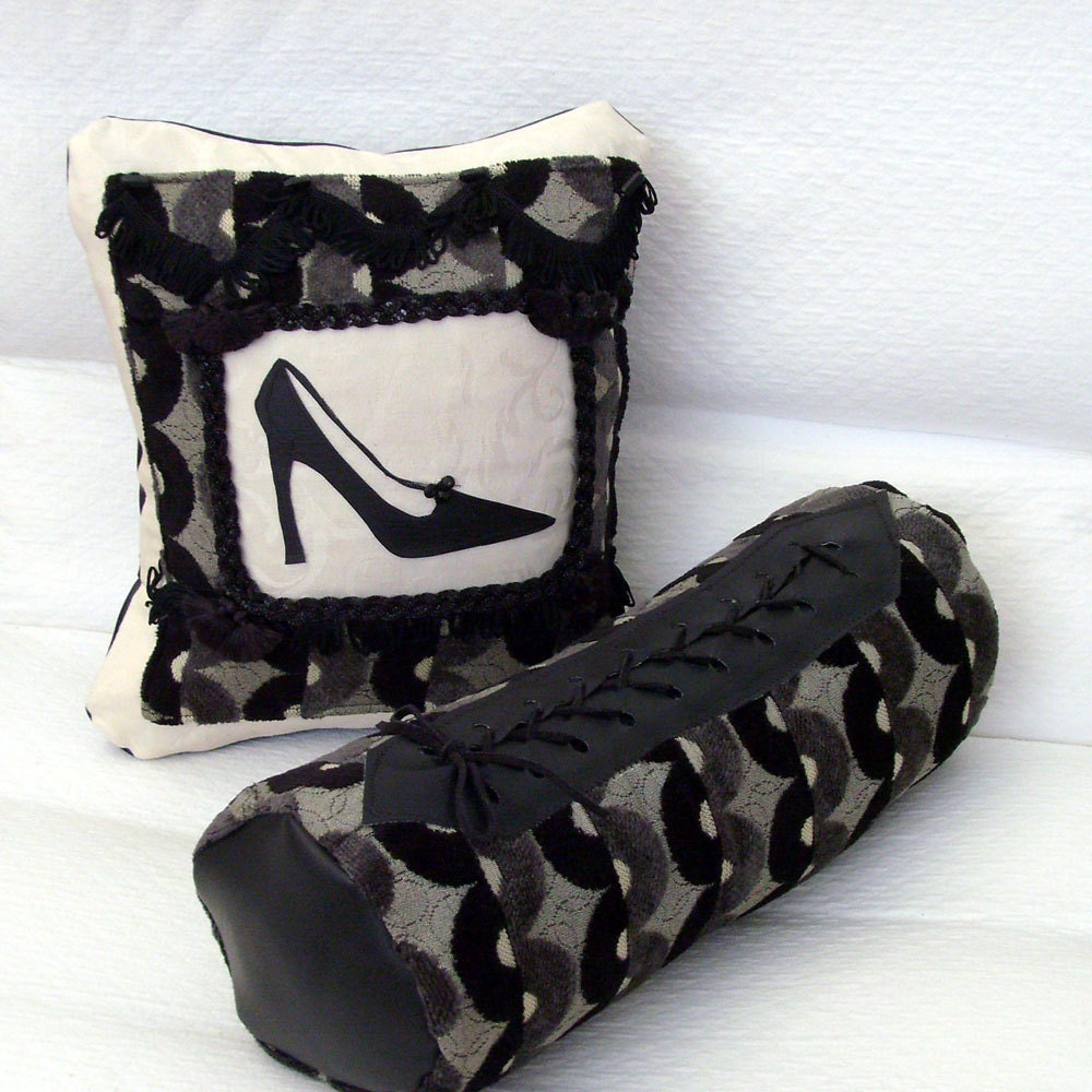 Stiletto and Corset Lacing Pillows / Black Leather / Geometric Black - Gray - Ecru Damask / Black Stiletto Trim / Feminine Glam / OOAK