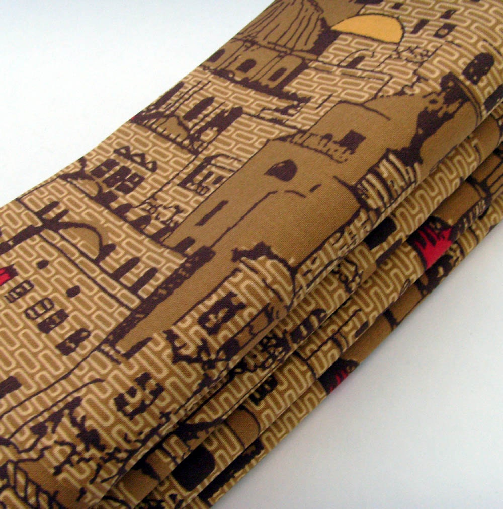 Greek Houses Napkins / Tan - Brown - Red - Yellow - Black / Cotton Napkins / Seaside Homes / Set of 4