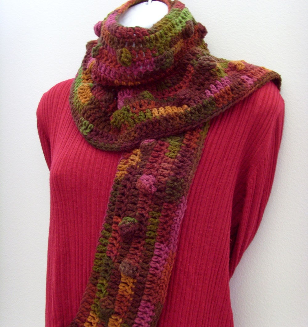 Lola Cola Scarf // Brown - Red - Gold - Green Bubbles // Autumn Leaf - Jewel Tone Colors // Crochet Fashion