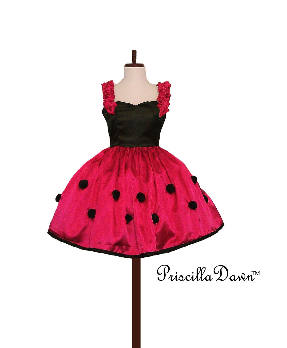 CUSTOM Lady Bug Red Dress in YOUR size Sassy dots dress full Retro Rockabilly Skirt Satin