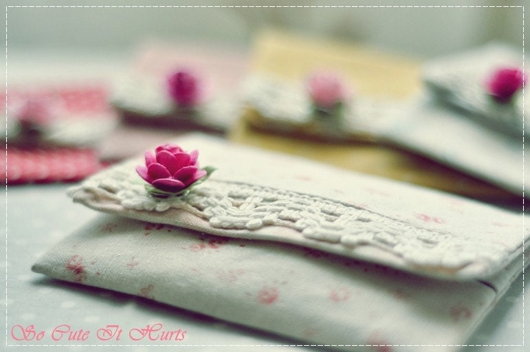 Wesley lace purse in linen shabby chic roses and gingham shades of pink - Gift for her