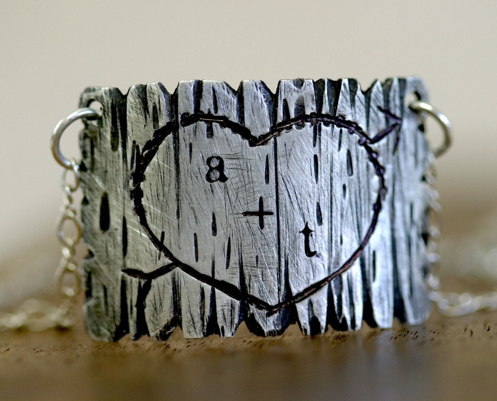 Tree Bark Lovers Carving Sterling Silver Necklace (E0288)