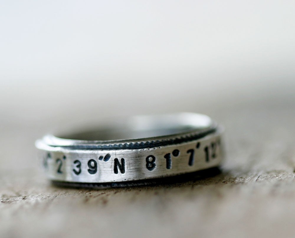 Latitude Longitude custom stamped sterling silver ring