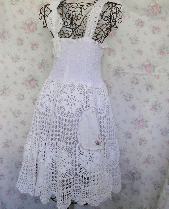 Ladies slip dress..vintage lace..doiley..shirred..bridal