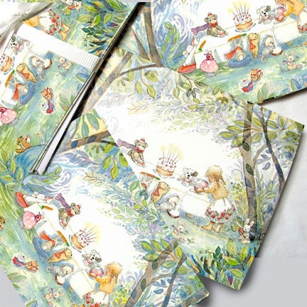 Teddy Bears Tea Party Blank Card set of 5 notecards and envelopes   Buy three get one free