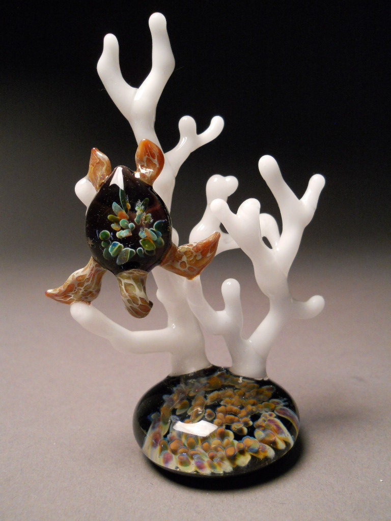 Art Glass  Sea Turtle sculpture swimming in Coral - Glassnfire