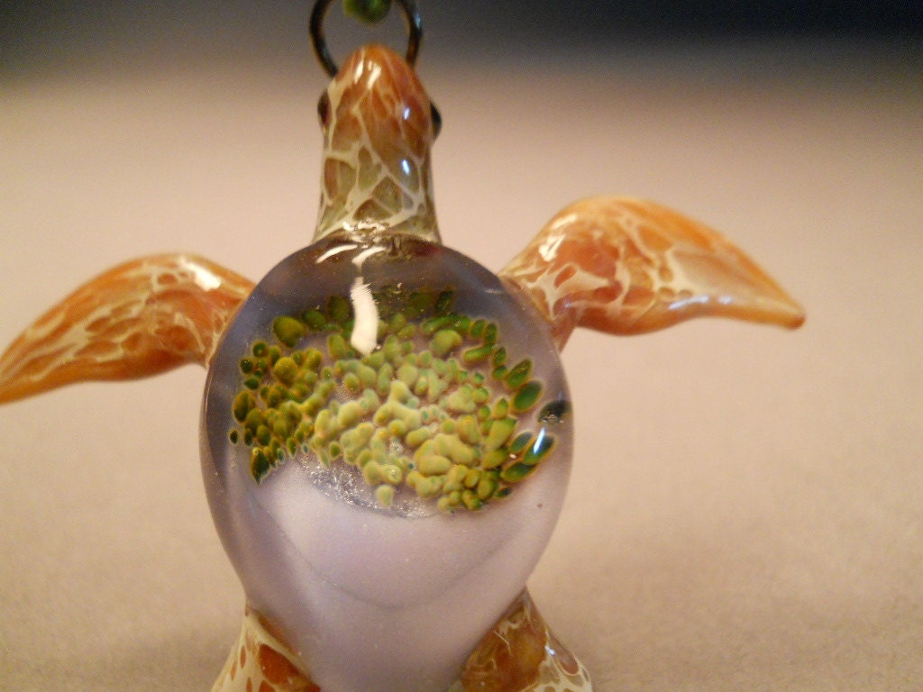 Sea Turtle necklace glass pendant with green silk choker