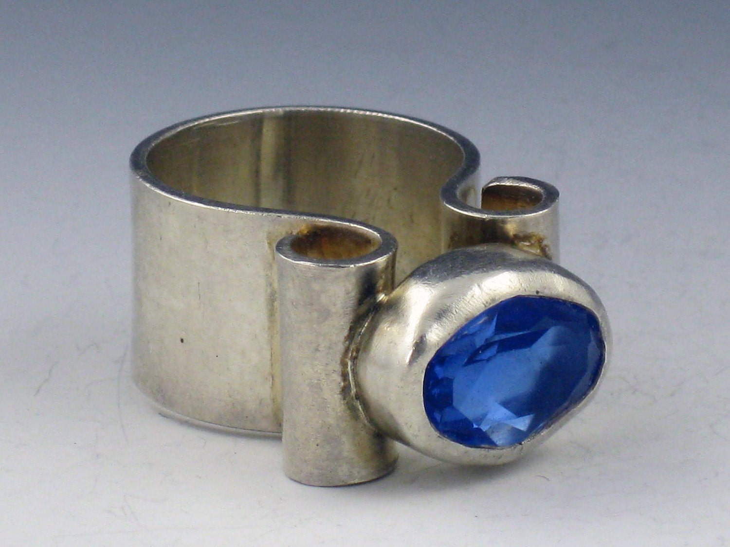 Sterling Silver Blue Sapphire Cocktail Ring, vintage faceted glass, sapphire ring