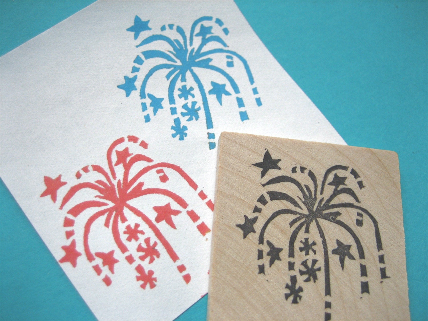 Fireworks Hand Carved Rubber Stamp