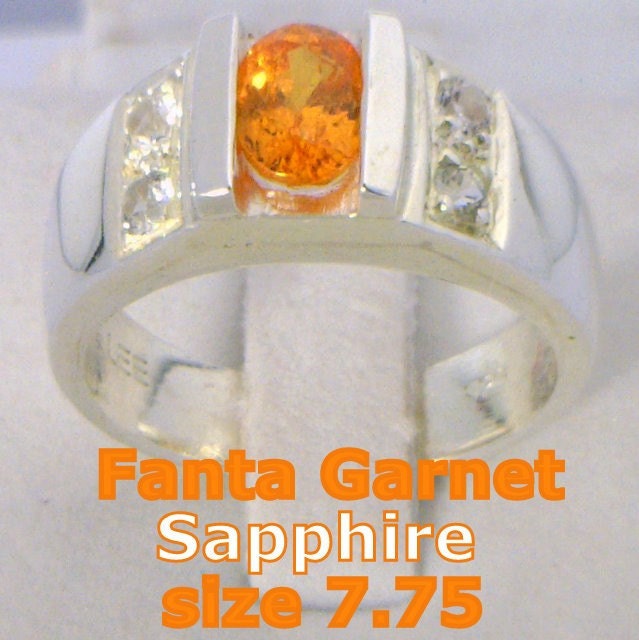 Fanta Orange Garnet and Sapphire Handmade Sterling Silver Unisex Ring size 7.75