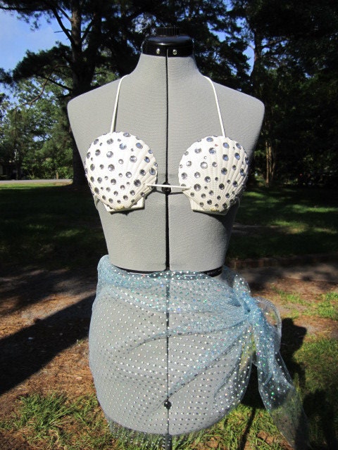 MERMAID SEASHELLS encrusted with jewels pearls with tule bottom cover up ready to ship - BayouPrincess