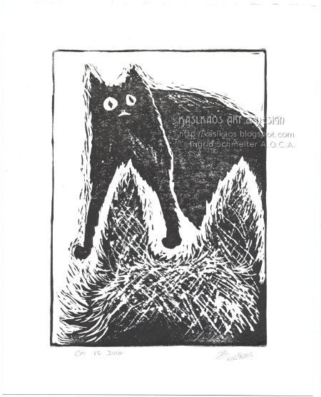 Funny Cat Art Cat vs Dog hand-pulled print linocut relief 8x10