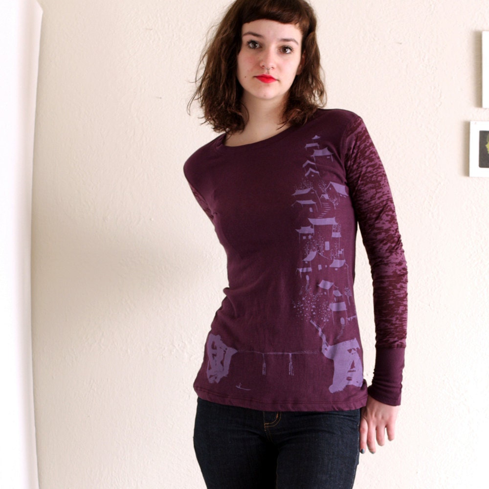 Womens Winter Fashion - Plum long sleeve long body cotton T-shirt - Chinese painting study - size Medium