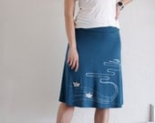 Womens Knee Length Teal Blue A-line Jersey Skirt - The creek and the paper boats - size Extra Large