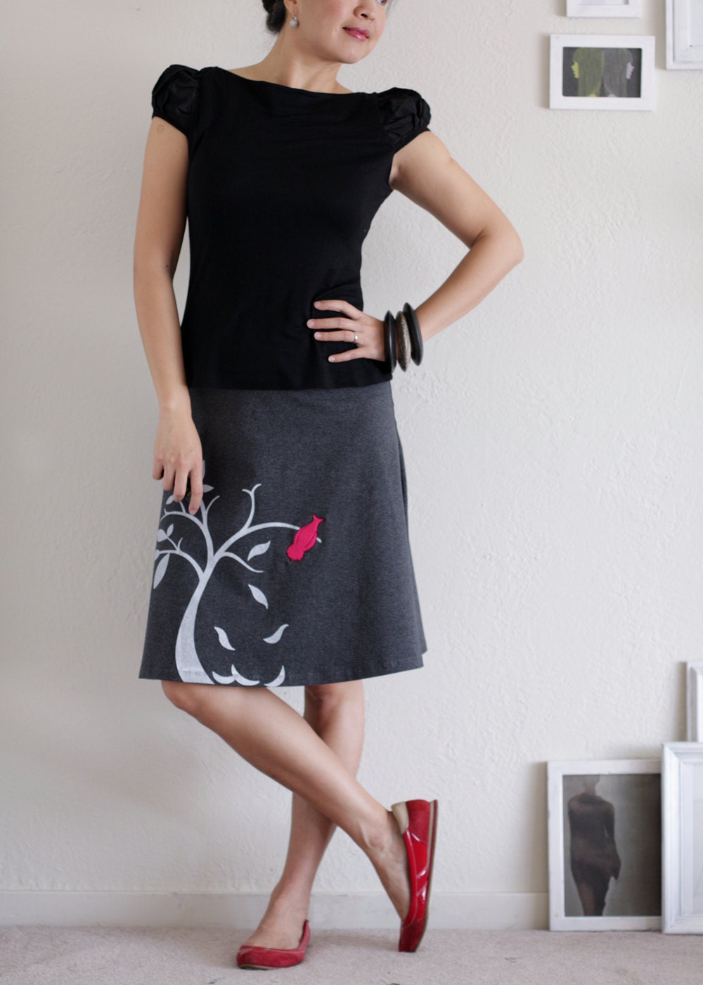 Grey Cotton Fold Over Waistband A Line Knee Length Stretch Skirt - The bird and the falling leaves-Size S