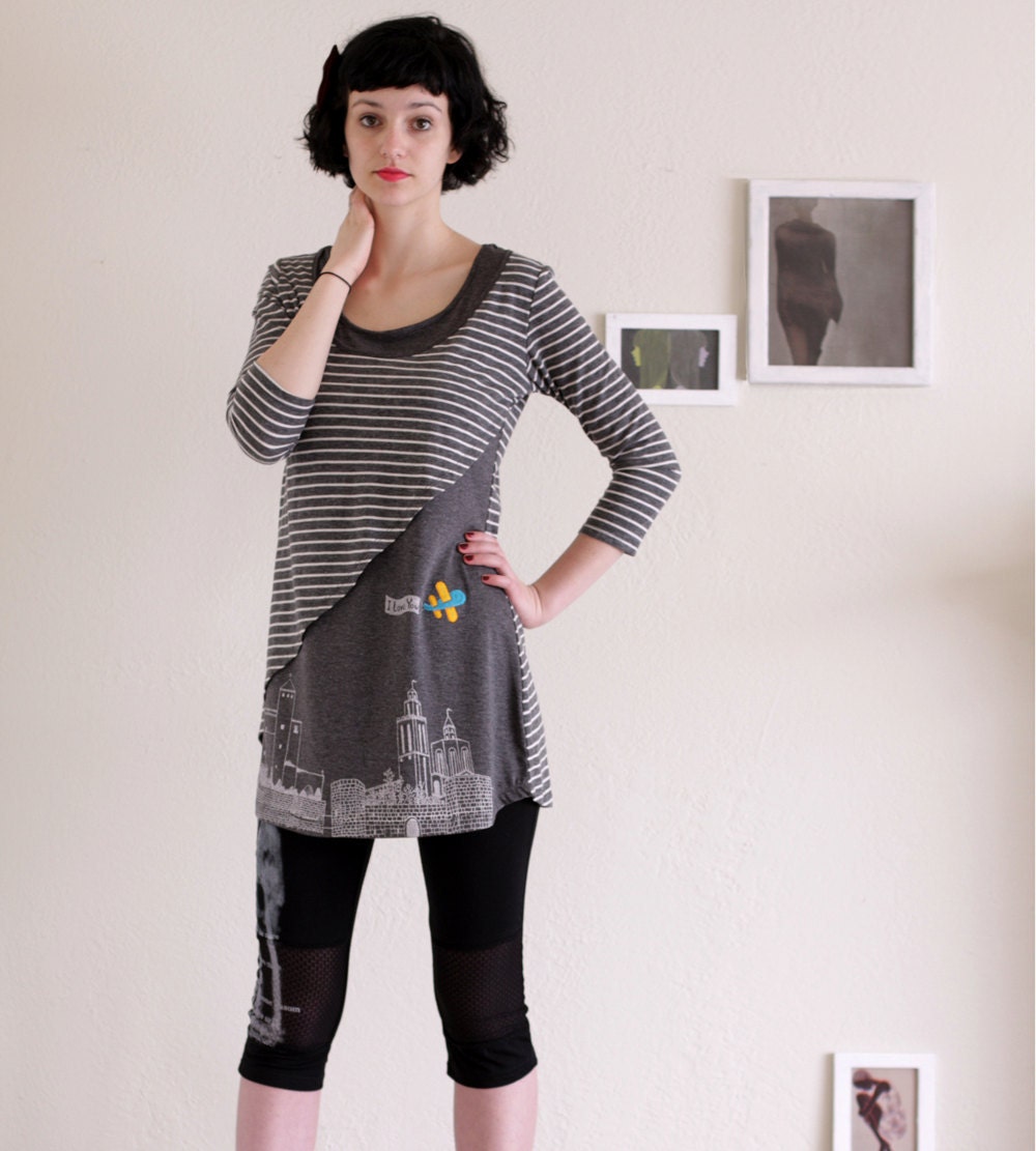 Grey Stripe Party Dress for Women . Handmade appliqué dress . Asymmetrical Tunic - Airplane, I love you too - size M