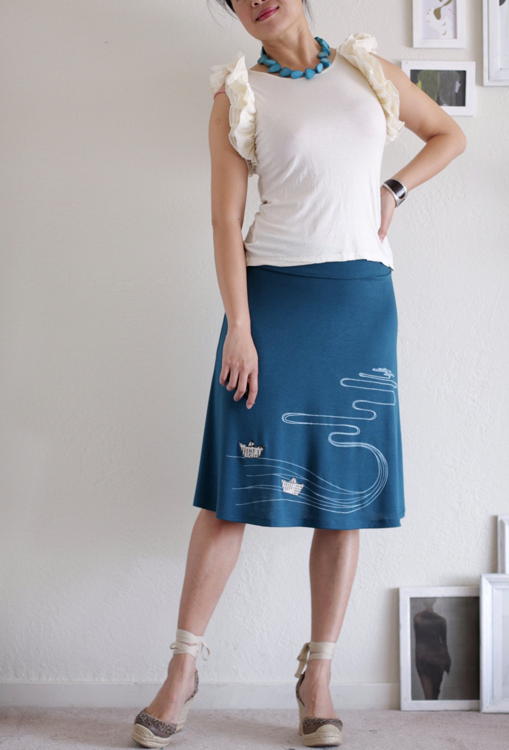 Womens Knee Length Teal Blue A-line Jersey Skirt - The creek and the paper boats - size Extra Large