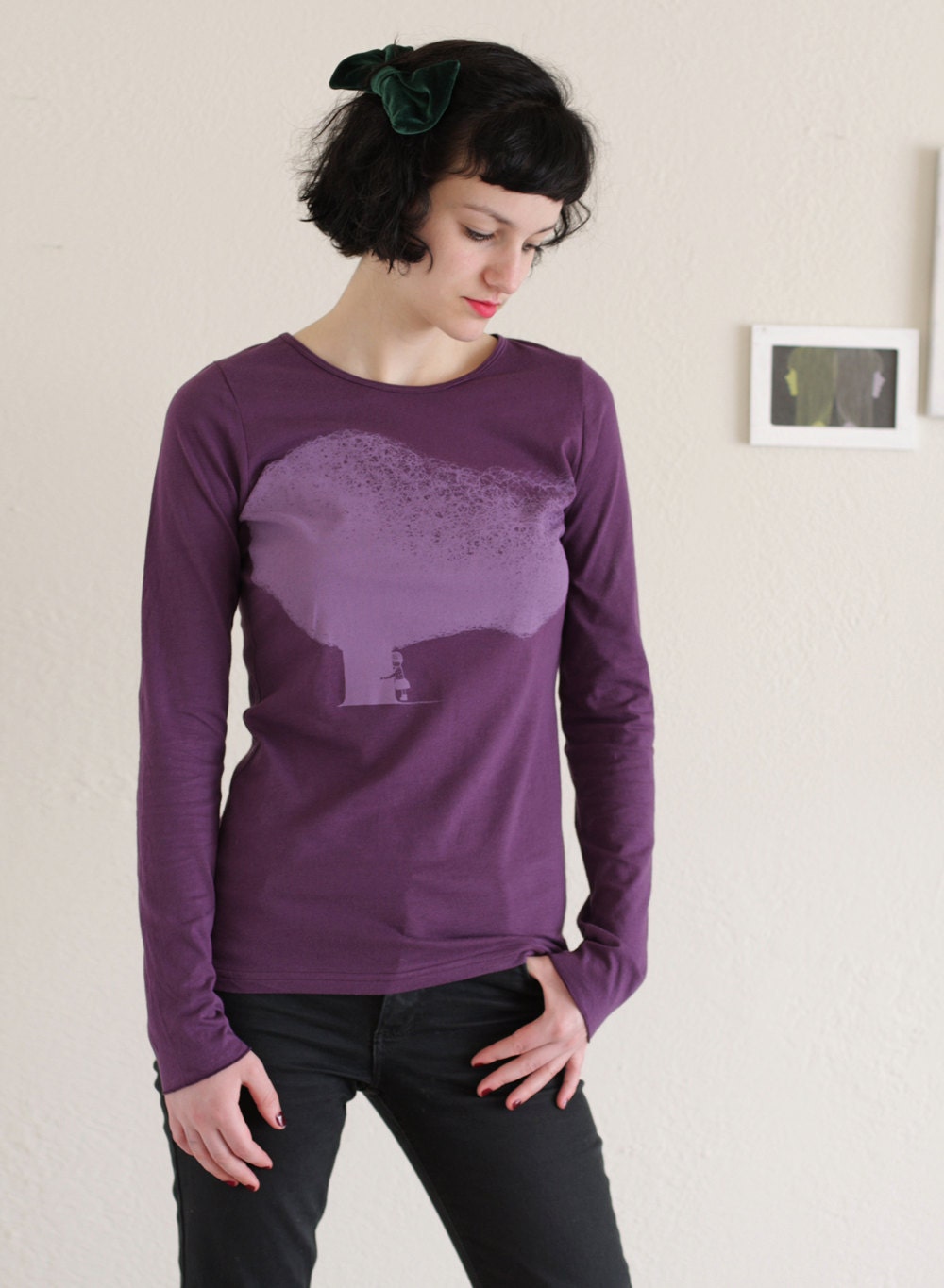 Womens Winter Fashion - Long Sleeves Purple 100% Cotton T-shirt - Tree huger - size Large