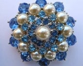 Vintage Blue Brooch Stacked Rhinestone and Pearl Large Pin - Treasury Item