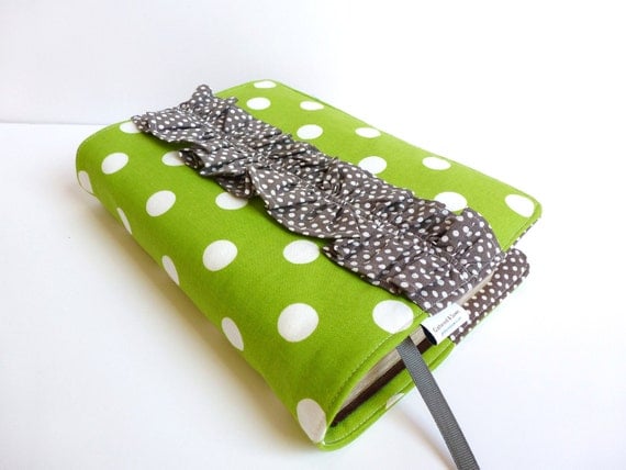 Bible/Book Cover- Made To Order- Green Dot with Grey Ruffle Accent-Grosgrain Ribbon Bookmark