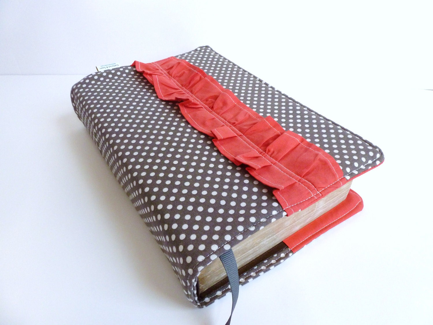 Grey/WhitePolka Dot and Salmon Ruffle Bible Cover- Made to Order