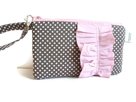 Grey/White Polka Dot Wristlet with Cotton Candy Pink Ruffle