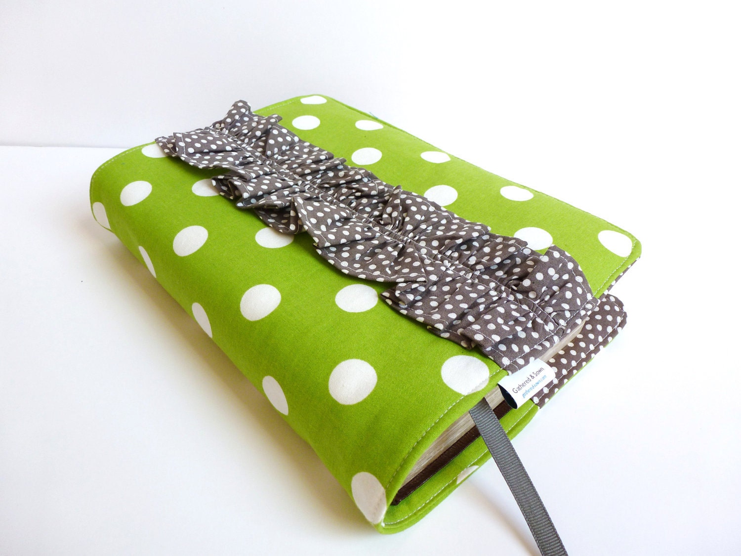 Bible/Book Cover- Made To Order- Green Dot with Grey Ruffle Accent-Grosgrain Ribbon Bookmark