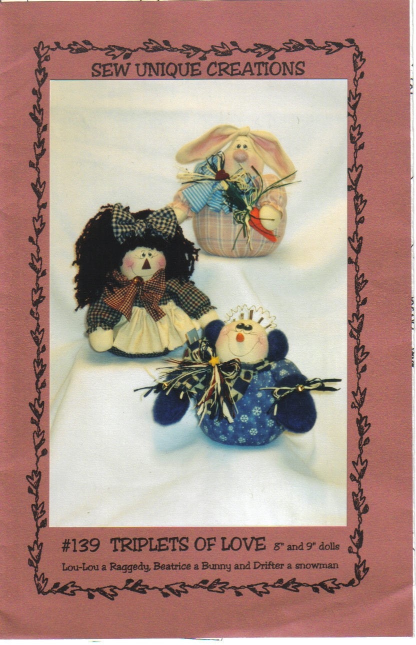Sewing Pattern for Tiny Raggedy Doll, Bunny and Snowman by Sew Unique Creations