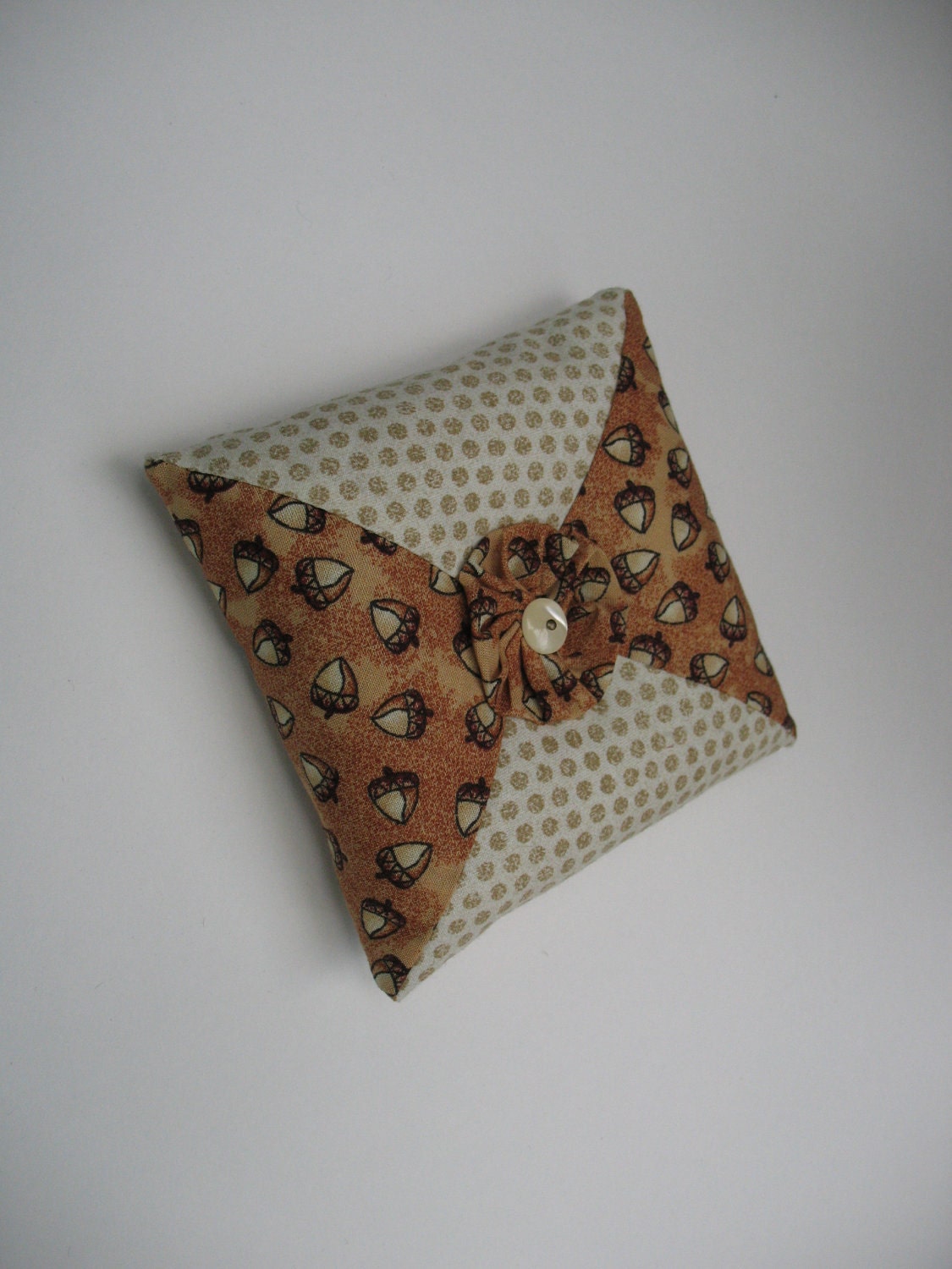 Square Pincushion Embellished w/ YoYo & Buttons, Crushed Walnut Filling