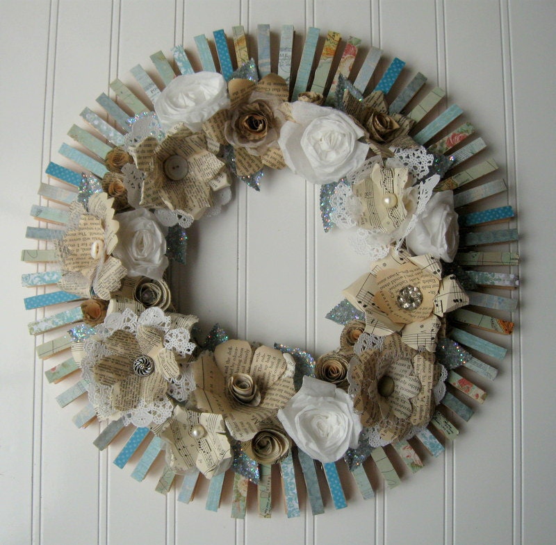 Clothespin Wreath Cream handmade paper flowers roses Jane Austen French text Aqua and vintage maps
