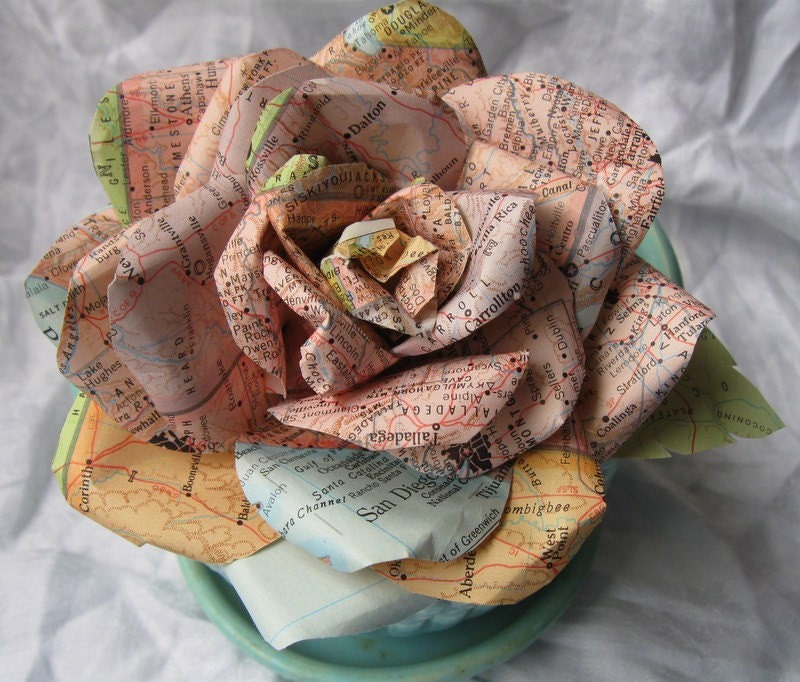 Handmade Paper Rose Vintage Map paper Sherbet shades San Diego Talladega for pin or clip