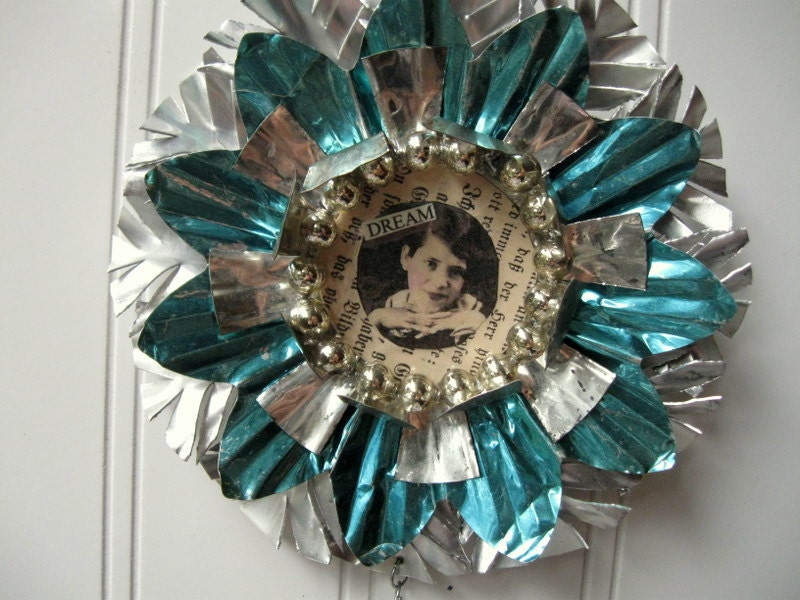 Tart Tin ornament upcycled vintage handmade altered art Folk art Aqua Dream Girl Star Snowflake Flower